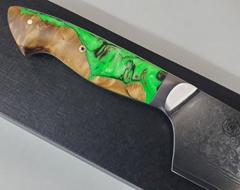 VG10 Damascus chef knife 9" Resin cast Stabilized Burl handle, kitchen knife w/ 67 layer SS Damascus Alien green