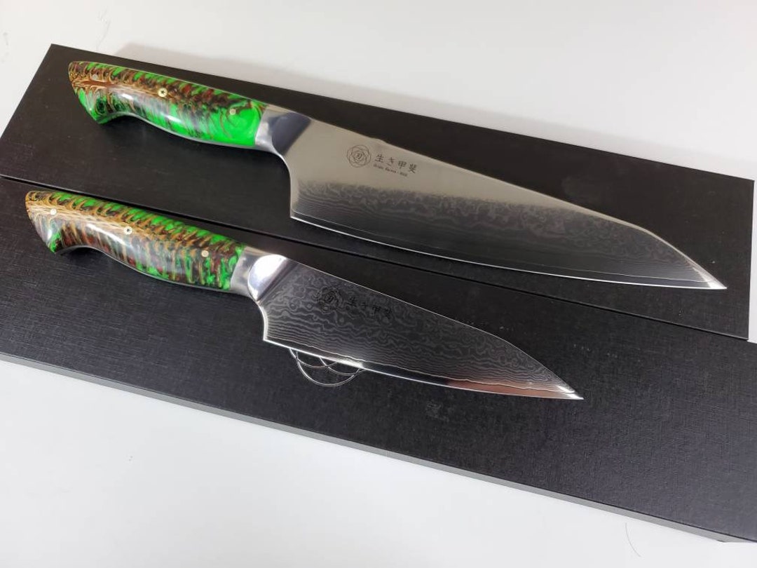 8 Piece Chef Knife Set With Green Resin Wood Handle 