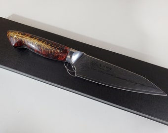Damascus chef knife VG10 custom Hybrid Kiritsuke style 6" Red/Black/Silver cast pine cone handle, kitchen knife w/ 67 layer SS Damascus