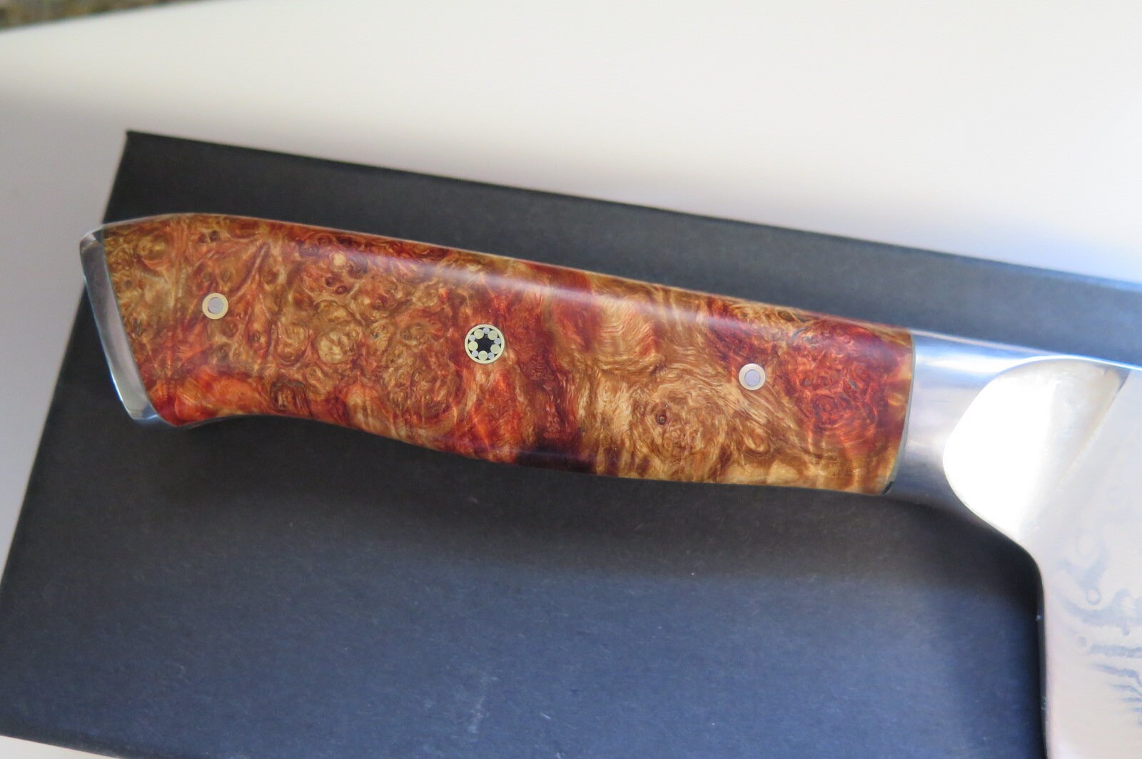 3pc Set Damascus Chef Knives W/ Stabilized Wood Handle Burl 3pc Set Damascus Chef Knives W/ Stabilized Wood Handle Burl