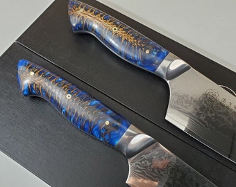 Custom VG10 Damascus chef knife Hybrid Santoku 9" Blue/Black/Silver cast pine cone handle, kitchen knife w/ 67 layer SS Damascus