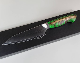 6" Custom Damascus Chef Knife VG10 custom Hybrid style Santoku 6"  Alien green cast pine cone handle, kitchen knife w/ 67 layer SS Damascus