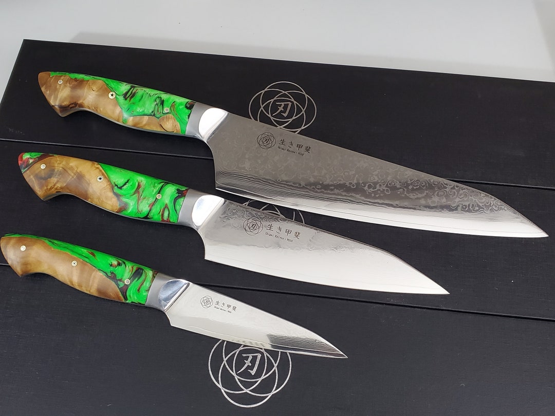 3pc Set Damascus Chef Knives W/ Stabilized Wood Handle Burl Unique