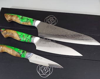 Cuchillos de chef damasco personalizados 3pc set VG10 Resina Cast Burl mango, cuchillo de chef único cuchillo de cocina de piña, mejor regalo de chef