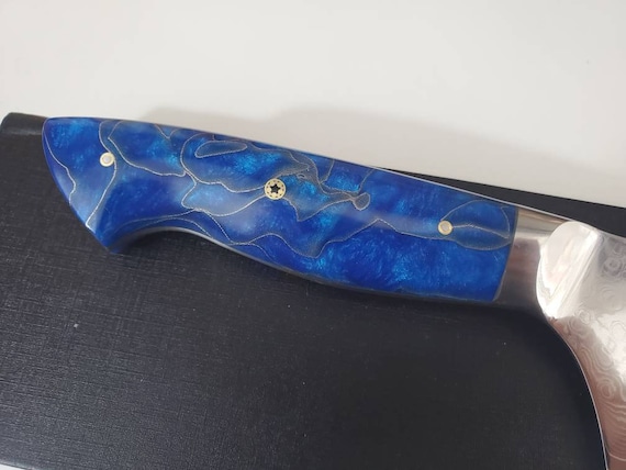 Japanese Damascus Steel Knives with Blue Resin Infused Wood Handle