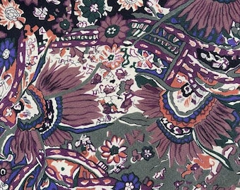 Liberty of London printed shawl. Vintage, like NEW. All-season light wool challis Art Deco floral. Plum, mauve, olive, violet, cream