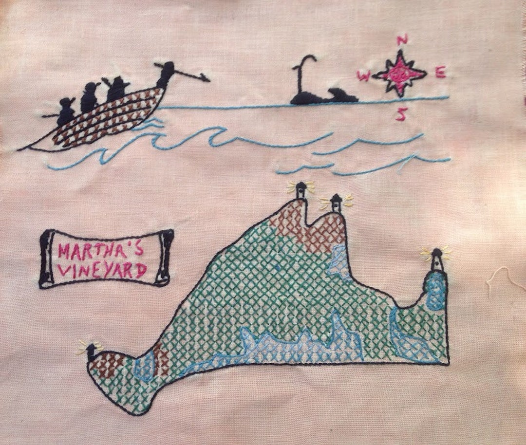 Needlework Pair Martha's Vineyard Mayflower Ship Whaleboat Lighthouses