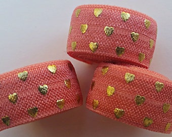 5/8 CORAL with Gold Polka Hearts Fold Over Elastic
