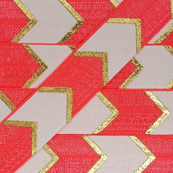 5/8 NEON ORANGE Big White/Gold Chevron Fold Over Elastic