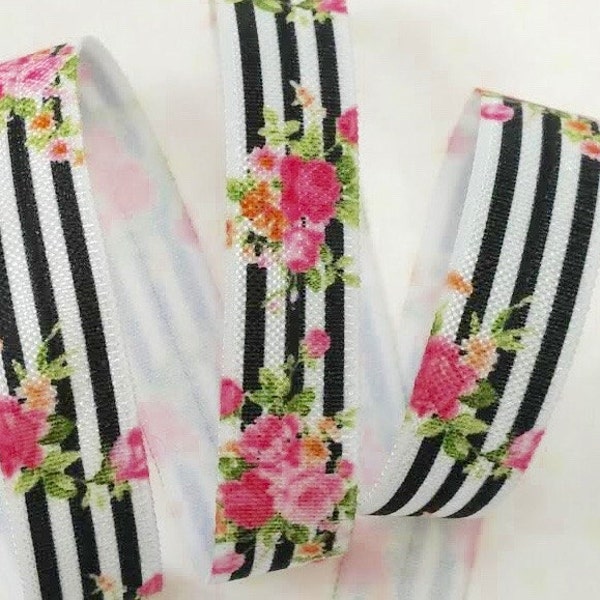 5/8 Pink Floral Bouquet with Black Stripes Fold Over Elastic