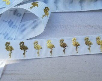 5/8 inch WHITE with GOLD FLAMINGO grosgrain ribbon