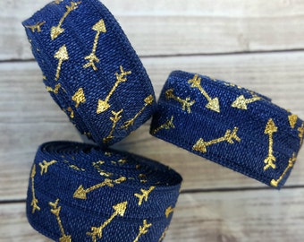 5/8 NAVY Gold Foil Arrow Fold Over Elastic