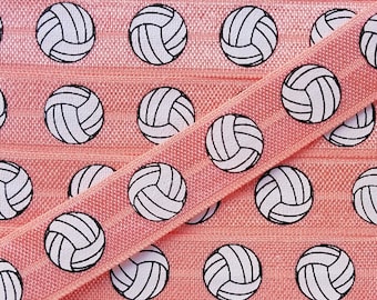 5/8 CORAL with VOLLEYBALL Fold Over Elastic