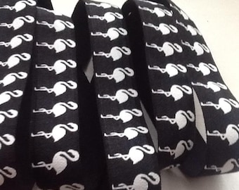 5/8 BLACK  with WHITE Flamingo Fold Over Elastic