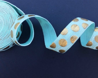 5/8 AQUA Giant Gold Foil Polka Dot Fold Over Elastic