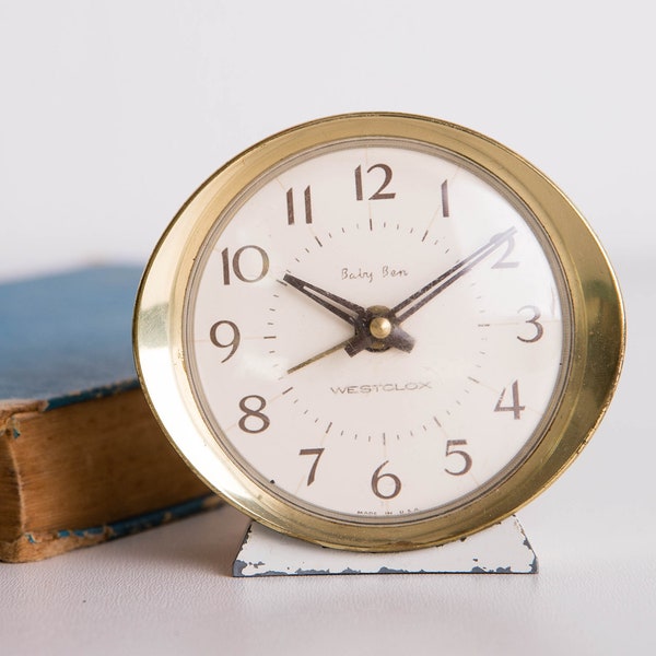 Baby Ben Clock, Westclox Alarm Clock, Made in USA, Cream white and Gold, Home Decor, Wedding Gift Idea
