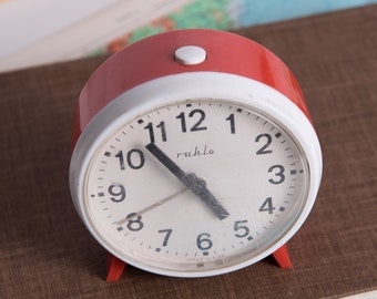 Red Alarm Clock, GDR Desk Clock, Ruhla German Clock, White and Red, Vintage Clock, Home Decor