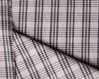 Fabric - by the yard, Vintage Lightweight Cotton Plaid Fabric, Green Black Beige, Rustic Supplies