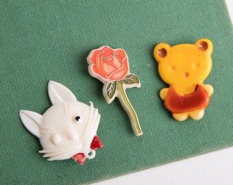 Soviet Badges - lot of 3 children themed pins, White Cat with Red Bow tie, Yellow Bear, Rose