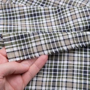 Olive Green and Beige Tartan Plaid - by the yard, Green White Beige Black, Vintage Cotton Shirting Fabric, Men Shirt Fabric