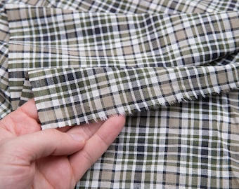 Olive Green and Beige Tartan Plaid - by the yard, Green White Beige Black, Vintage Cotton Fabric, Men Shirt Fabric, Dude