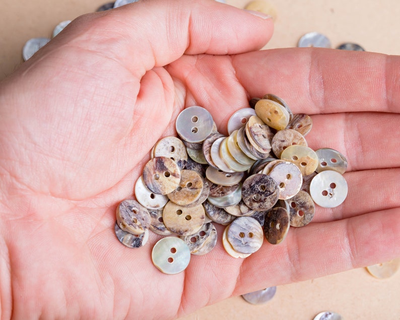 May include: A pile of brown and white shell buttons in a hand. The buttons have two holes each.