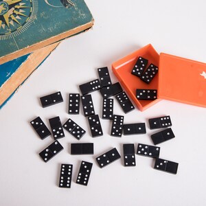 Domino Game, Plastic Domino Box and Domino Tiles, Vintage Toy, Small Orange Box, Child Kid Entertainment image 3