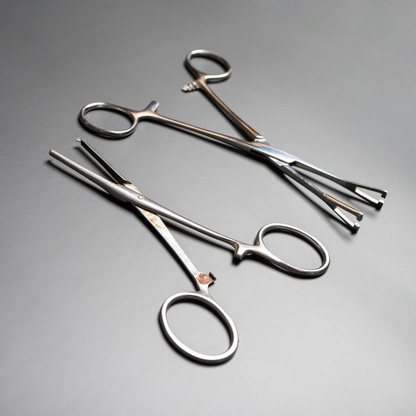 Vintage Surgical Tools - Hemostatic Straight Surgical Forceps and Pennington Forcep Clamps, Old Stainless Steel Medical Tools Set of Two