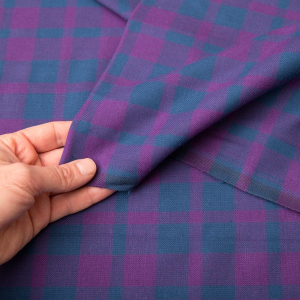 Plaid Flannel Fabric - by the yard, Purple and Navy Blue, Vintage Cotton Fabric, Flannelette