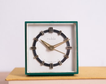 Emerald Green Alarm Clock, German Square Alarm Clock, Mechanical Clock, Made in GDR, Manual Winding, Rustic, Olive Green