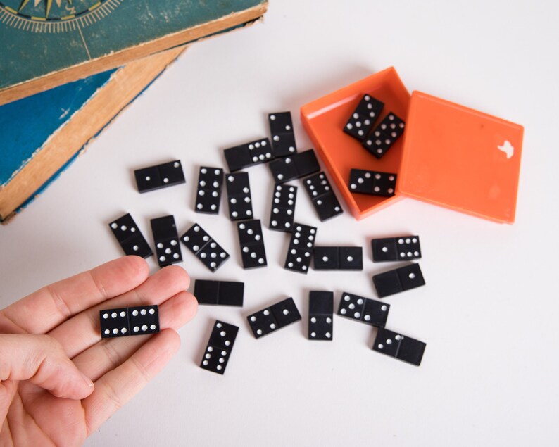 Domino Game, Plastic Domino Box and Domino Tiles, Vintage Toy, Small Orange Box, Child Kid Entertainment image 1