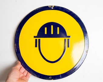 Vintage Enamel "Wear Protective Helmet" Sign: Yellow & Blue Safety Decor