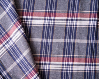 Cotton Lightweight Fabric - by the yard, Lightweight Plaid Fabric Yardage, Blue Red Yellow, Yardage Fabric, Navy Blue Sewing Supply