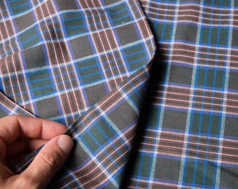 Plaid Fabric - by the yard, Vintage Lightweight Cotton Fabric, Brown Blue Green, Rustic Supplies, Farm Farmhouse