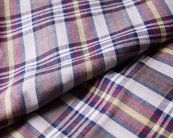 Lightweight Cotton Plaid Fabric - by the yard, Blue Red Yellow, Yardage Fabric, Navy Blue Sewing Supply, Vintage Fabric