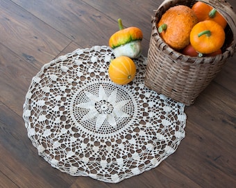 Vintage Round Crochet Tablecloth, Handmade Crochet Doily, Table cloth, Shabby Chic Decor, Autumn Decor