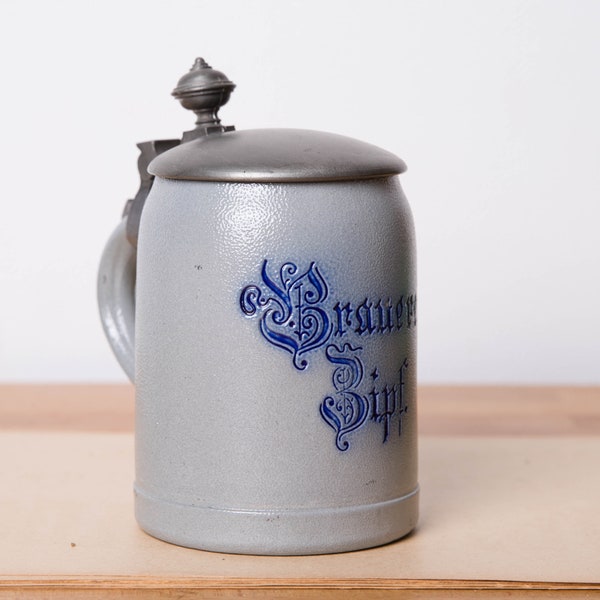 Antique Beer Stein, Austrian Stein, Lidded Beer Mug, Ceramic Pitcher, Lager, For Guys, Gift for him, Man Dad, Blue, Gray, Brewery, Dude Gift