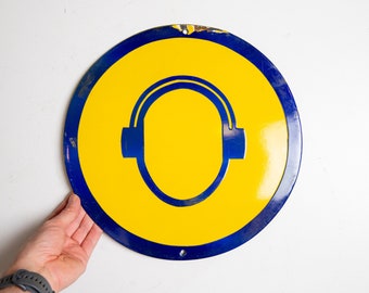 Vintage Enamel Sign, Wear Ear Protection, Labor Safety Warning Sign, Pub Decor, Beach Bar Decor