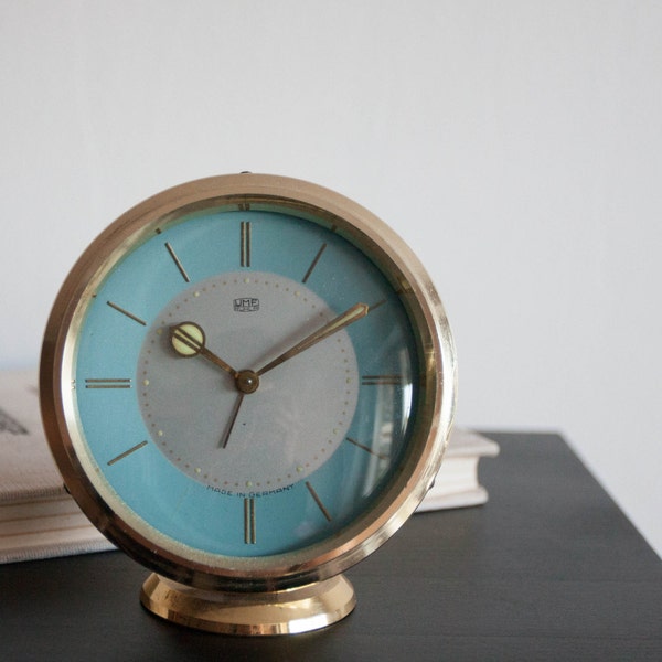 Vintage German Alarm Clock, UMF Ruhla Desk Clock, Gold and Mint Blue, Rustic Office Decor, rain