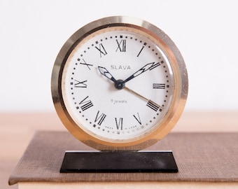Soviet Alarm Clock, Russian Desk Clock, Slava Soviet Union Home Decor Office Decor, Gold White Black