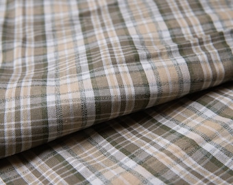 Cotton Plaid Fabric by the yard, Vintage Lightweight Fabric, Rustic Supplies, Beige Neutral Green Ecru, Fabric for Man Shirts