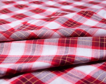 Red Plaid Fabric  - by the yard, Vintage Cotton Fabric, Sewing Supply Yardage, Dark Red, White, Christmas Sewing, Christmas Supplies