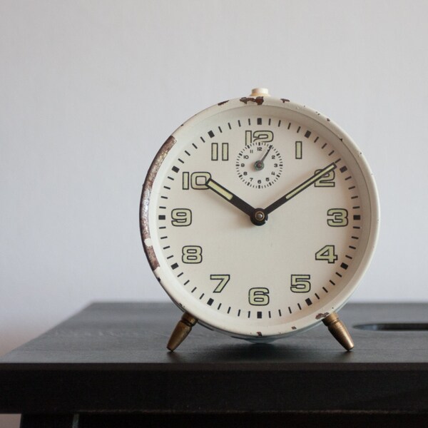 Cream White Alarm Clock, Polish Desk Clock - Mera Poltik, Vintage Clock, Wedding Gift Idea, brass rustic