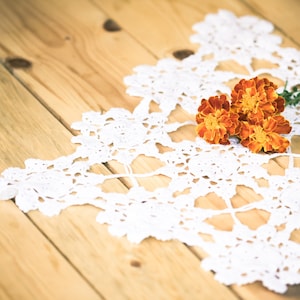 Small Crochet Table Cloth, Handmade Tablecloth, Table Decor, Shabby Cottage Chic Decor, Rustic, FLowers, Orange, Lace, Wood, pumpkin image 1