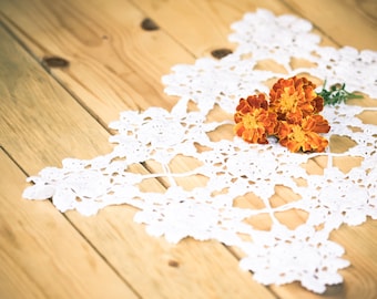 Small Crochet Table Cloth, Handmade Tablecloth, Table Decor, Shabby Cottage Chic Decor, Rustic, FLowers, Orange, Lace, Wood, pumpkin