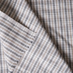 Plaid Fabric Linen and Cotton - by the yard, Vintage Plaid Fabric, Beige, Black, Plaid Pattern, Sewing Supply Yardage