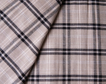 Linen and Cotton Plaid Fabric - by the yard, Black Beige White Vintage Plaid Fabric, Sewing Supply Yardage