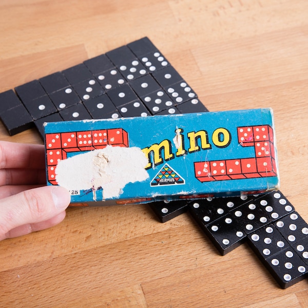 Domino Game, Paper Domino Box and Domino Tiles, Vintage Toy, Black Red Blue, Child Kid Entertainment
