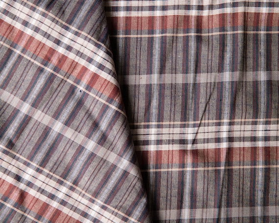 Vintage Plaid Fabric by the yard, Vintage Lightweight Cotton Fabric, Brown Rust Red, Men's Shirt Supplies, For Him, Rustic