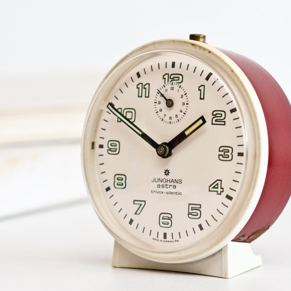 German Alarm Clock, Junghans Astra Trivox Silentic Clock, Desk Clock, Wind Up Clock, Mechanical Clock, White Bordeaux Red